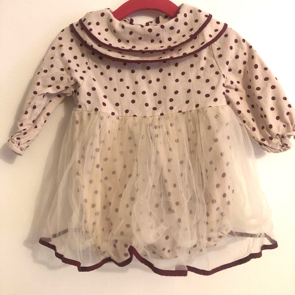 Adorable Mini Olie Burgundy Polka Dot Romper with Collar and Tulle Skirt Layer - Picture 5 of 5